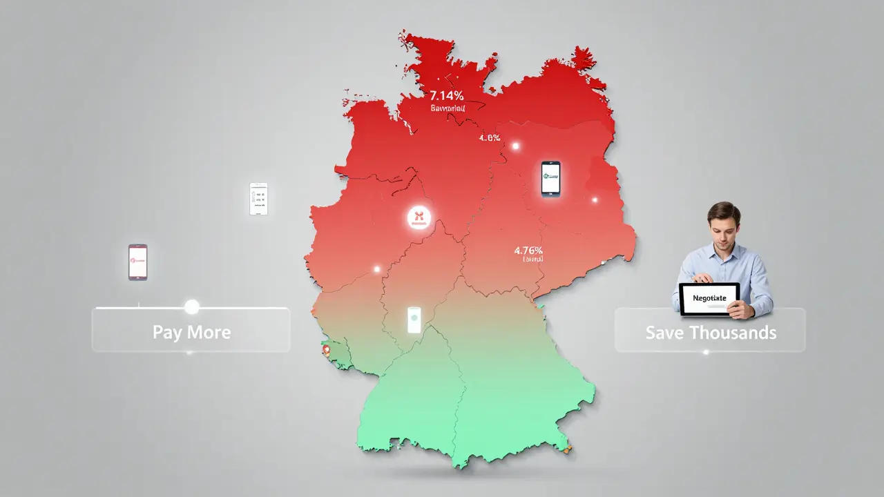 Digitale Interaktionskarte Deutschlands mit farblich gekennzeichneten Maklerprovisionen von rot bis grün, mit digitalen Plattform-Icons.