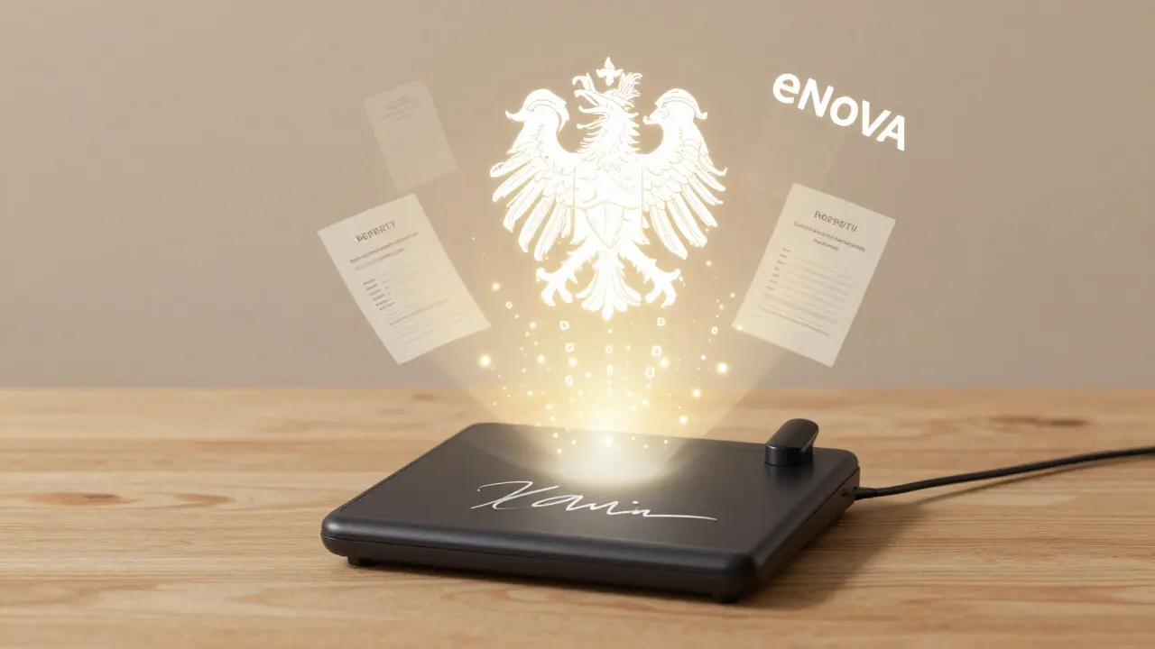 Digitale Unterschrift sendet verschlüsselte Daten als Lichtpartikel, symbolisiert eNoVA-System.