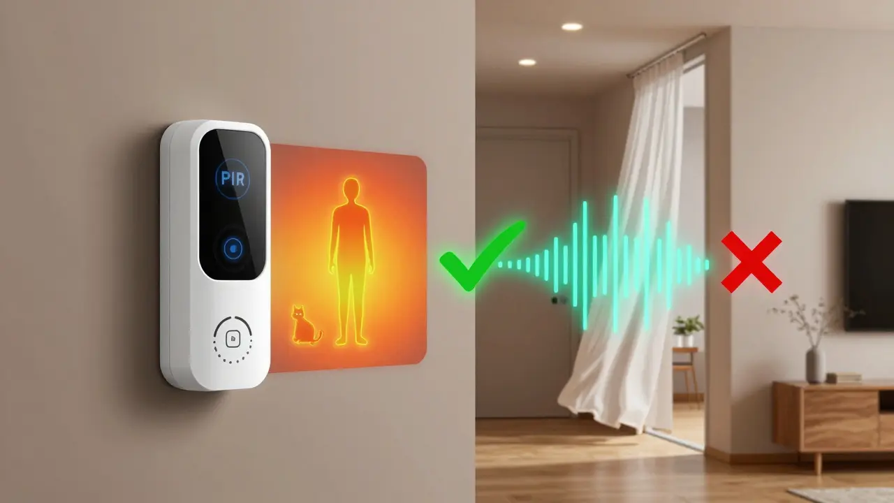 Ein Dual-Tech-Bewegungsmelder erkennt zwischen einer Katze und einem Menschen, während Vorhänge ignoriert werden – technologische Trennung in stilisierter Darstellung.