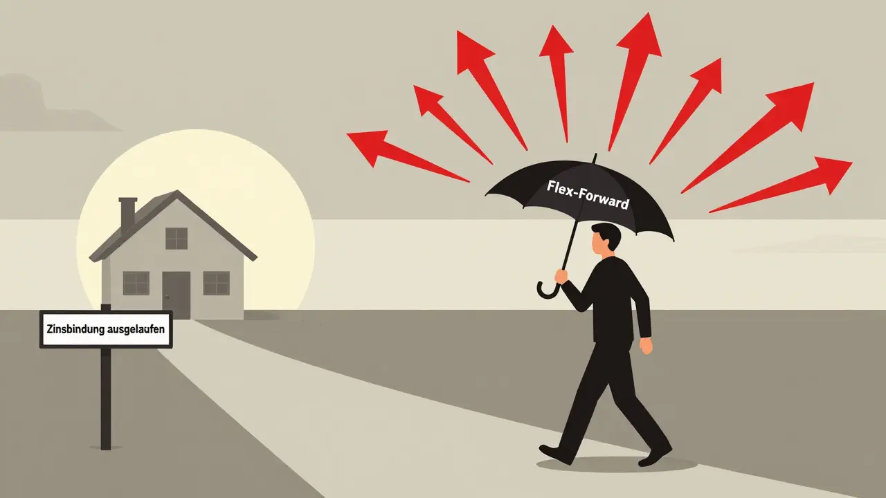 Ein Hausbesitzer geht durch einen Sturm aus steigenden Zinsen, geschützt von einem Regenschirm mit dem Label 'Flex-Forward'.