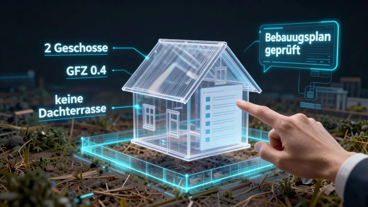 Ein transparentes Hausmodell mit rechtlichen Baubeschränkungen als leuchtende Grenzen über einem Grundstück.