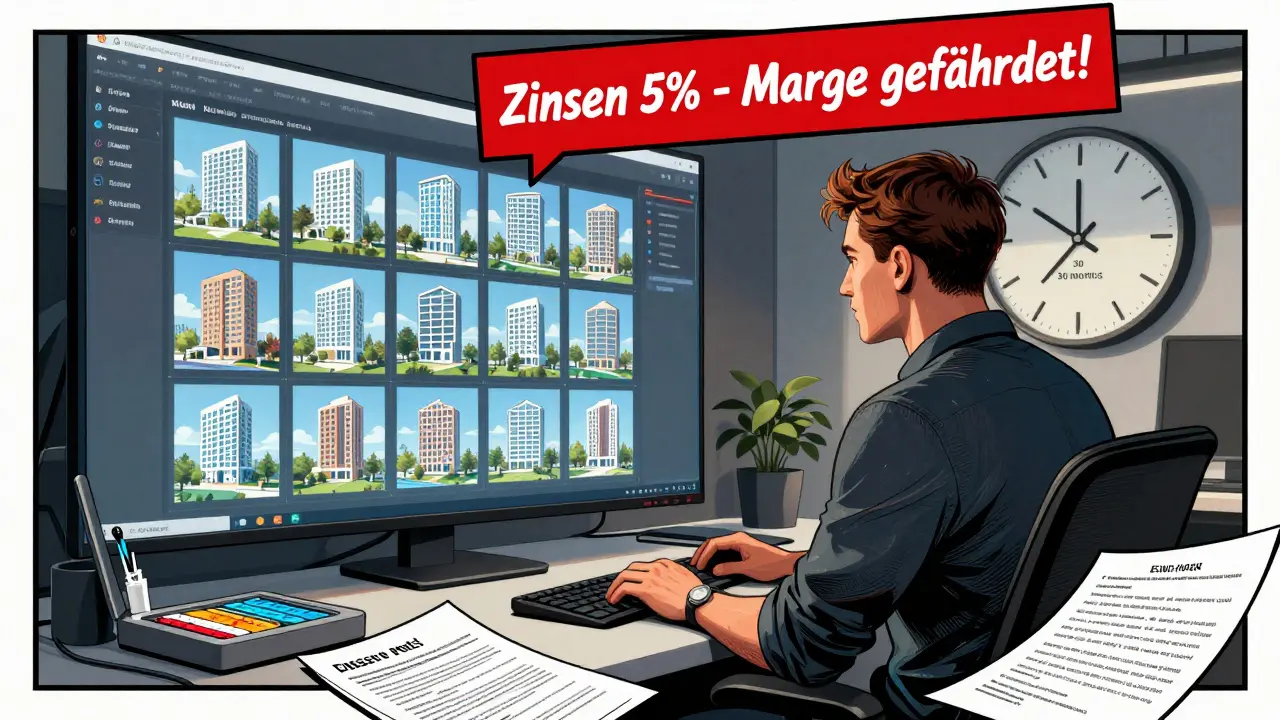 Entwickler nutzt KI-Tool, das 15 Bebauungsoptionen simuliert, während eine Warnung vor steigenden Zinsen blinkt.