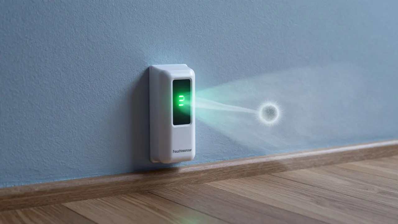 Feuchtesensor hinter einer Innendämmung zeigt sichere Luftfeuchtigkeit an, ohne Schimmelbildung.