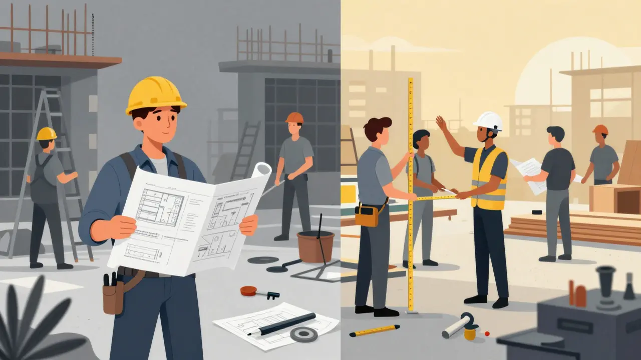 Gegensatzdarstellung: chaotische DIY-Baustelle links, geordnete Generalunternehmer-Baustelle rechts mit professionellen Arbeitern.