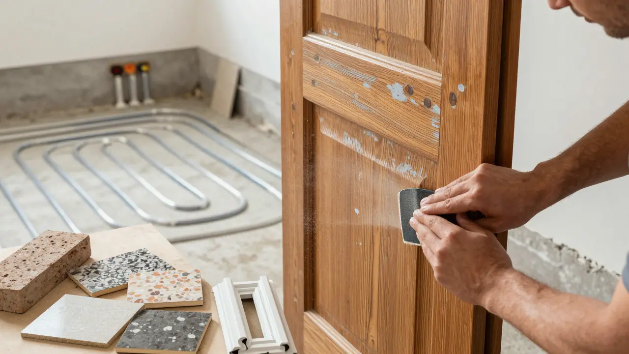 Handwerklicher Moment beim Abschleifen einer originalen Holztür während einer Vintage-Renovierung mit moderner Heizung im Hintergrund.