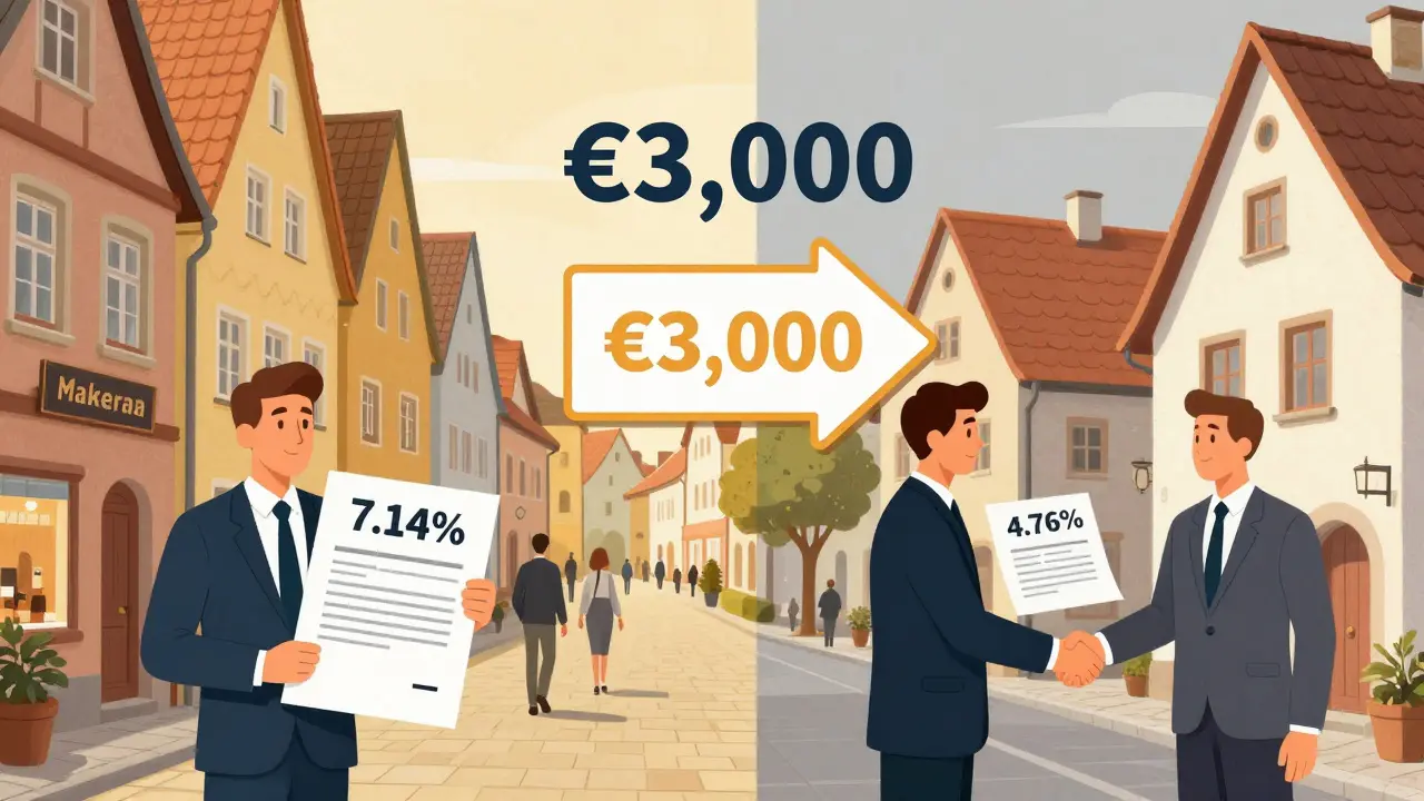 Kontrastierende Szene: Makler in Bayern mit hohen Provisionen vs. Makler in ländlicher Niedersachsen mit niedrigerer Courtage.