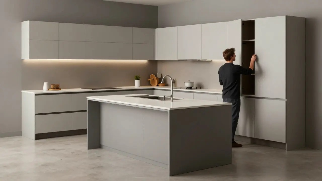 Kücheninsel mit 120 cm Abstand zur Küchenzeile, Schublade wird geöffnet. Quadratische Raumgestaltung.