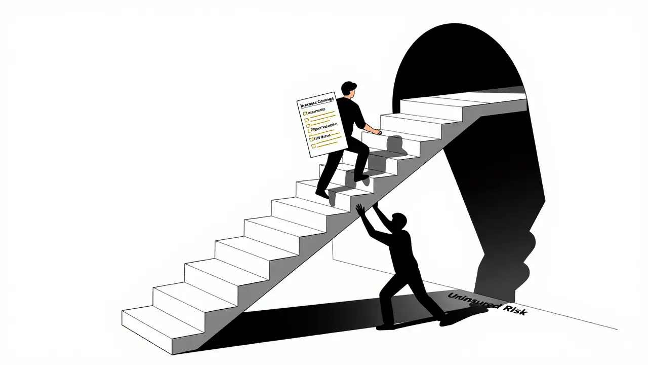 Mensch klettert auf Baustufen zur vollständigen Versicherung, Risiko greift von unten.