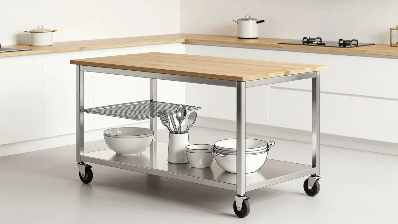 Mobile Kücheninsel auf Rollen in kleiner Küche. Schlichtes Design, Metallrahmen, platzsparend.