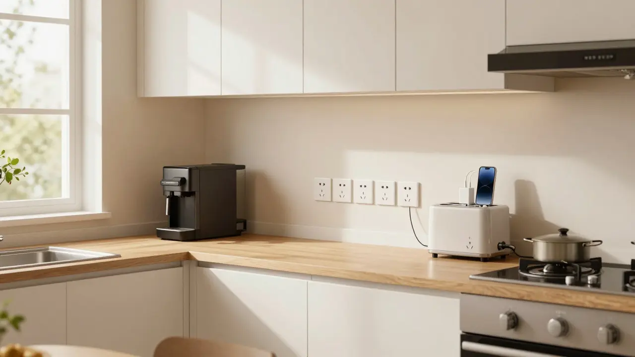 Moderne Küche mit sechs Steckdosen unter der Arbeitsplatte und an der Wand, alle zugänglich und ohne Kabelsalat.