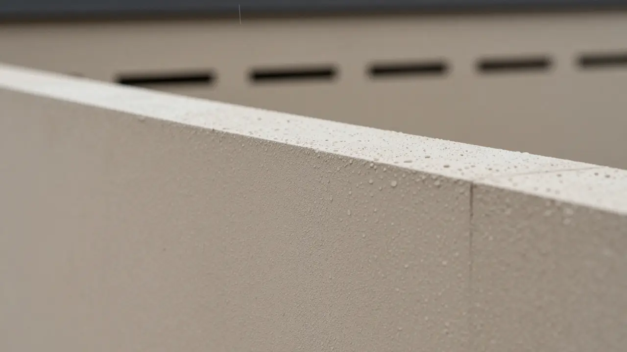 Nahaufnahme einer Faserzementtafel unter Regen, Wasser läuft ab, Oberfläche unbeschädigt und pflegeleicht.