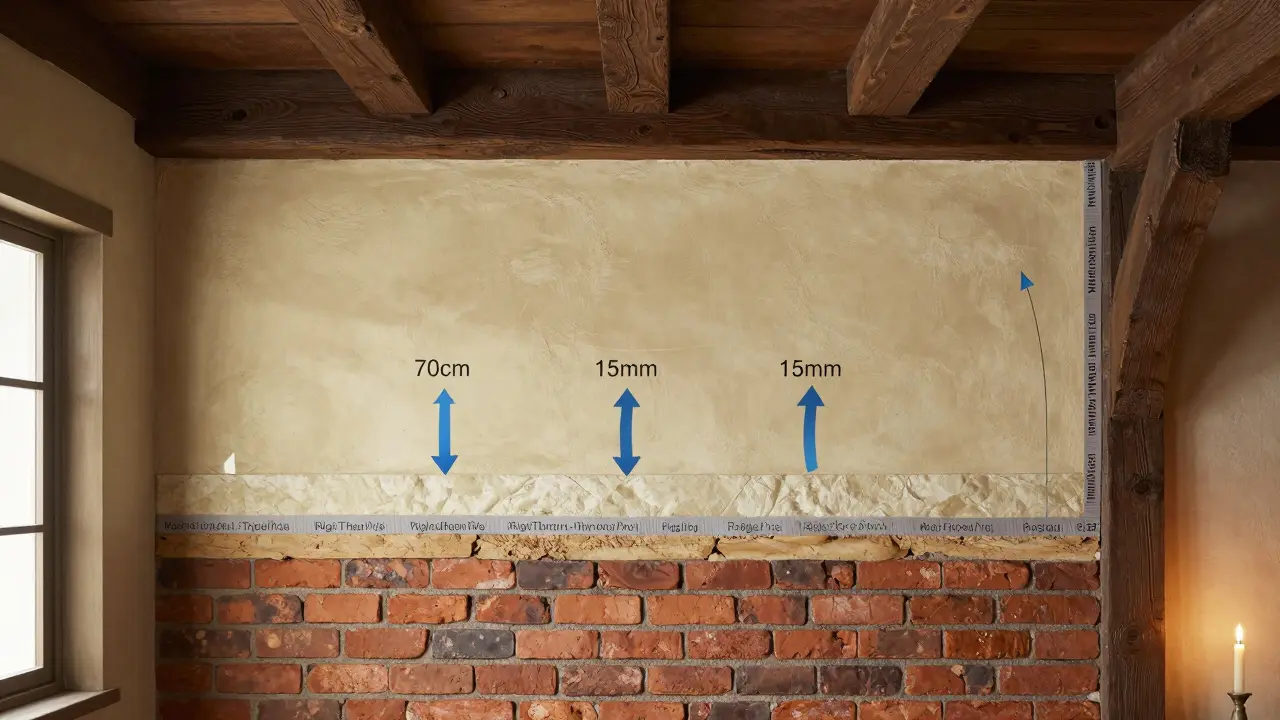 Querschnitt eines historischen Hauses mit Aerogel-Dämmung, Lehmputz und wärmebrückenfreiem Fensteranschluss.