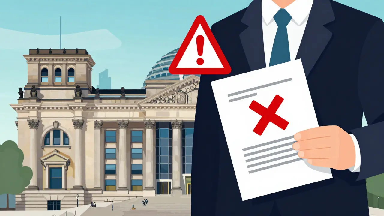 Regierungsgebäude mit Warnsymbol und Dokument mit rotem X.