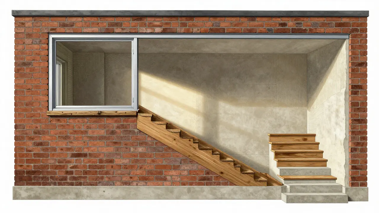 Schnittansicht eines alten Hauses mit erhaltenen Wänden, moderner Dämmung und geöffnetem Grundriss sowie neuen Fenstern.