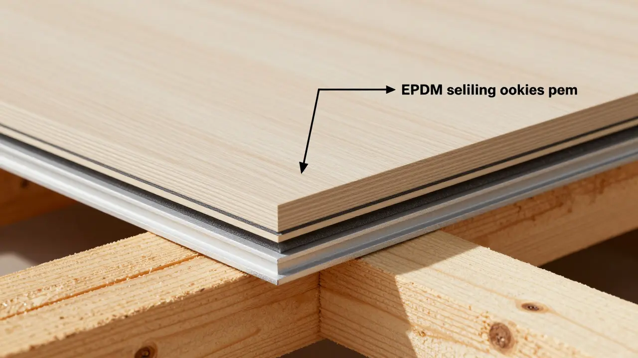Technische Darstellung der korrekten Montage von Faserzementtafeln mit Überlapp, Dichtbändern und Ausdehnungsfuge.