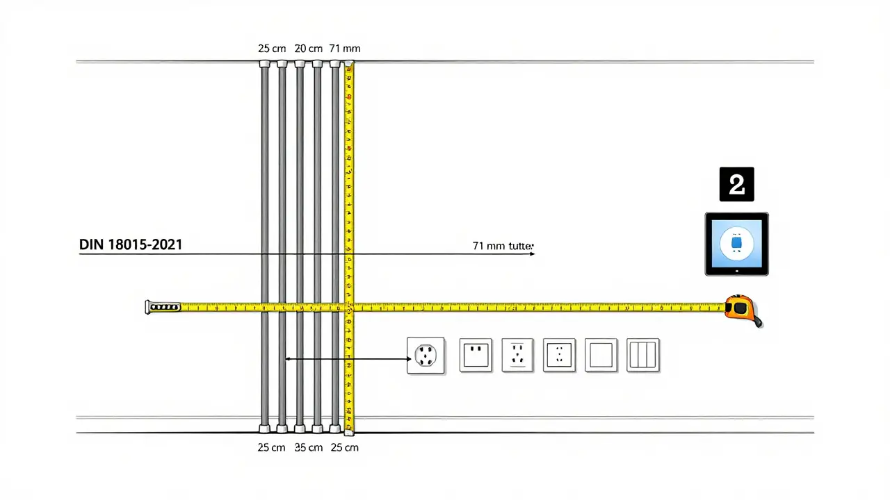 Technische Zeichnung einer Wand mit elektrischen Leitungen in normierten Zonen und standardisierten Abständen zwischen Steckdosen.