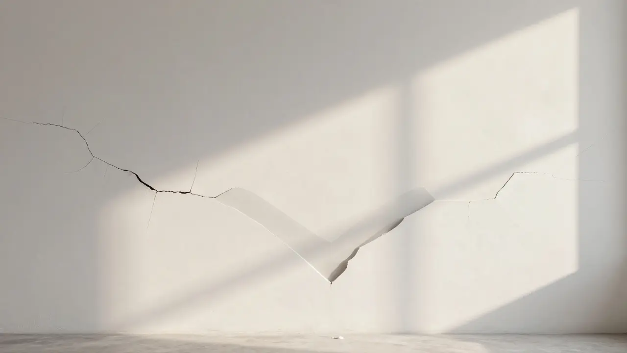 Unsichtbar reparierte Wand nach sieben Jahren, ohne sichtbare Nähte oder Risse.