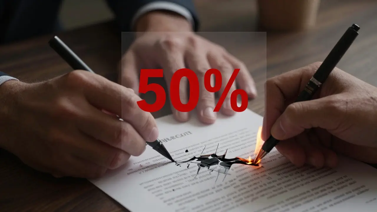 Unterschriebener Kaufvertrag mit transparenter 50%-Regel, illegaler Vertrag brennt am Rand.