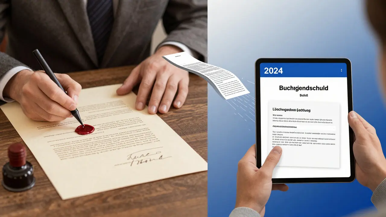 Vergleich: Altes Grundschuldbrief mit Wachs vs. moderne digitale Eintragung, Übergang von Papier zu Daten.