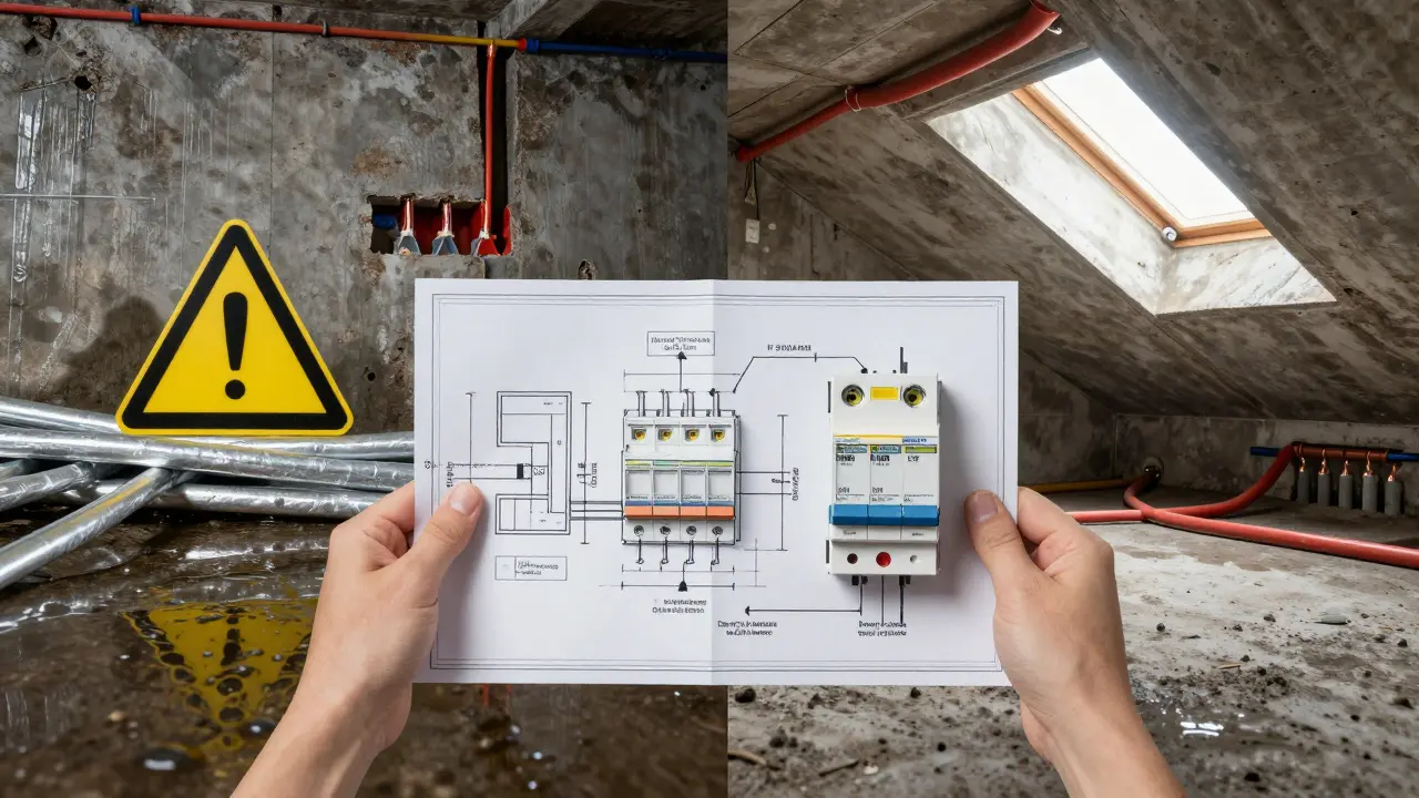 Vergleich: Links verbotene Aluminiumkabel im Keller, rechts normgerechte Kupferleitung im Dachboden.