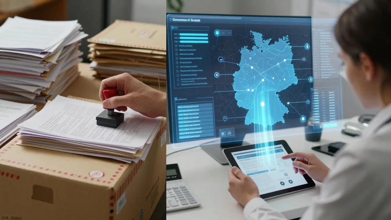 Vergleich: Papierkram links, digitale Dokumentenübertragung zwischen Behörden rechts.