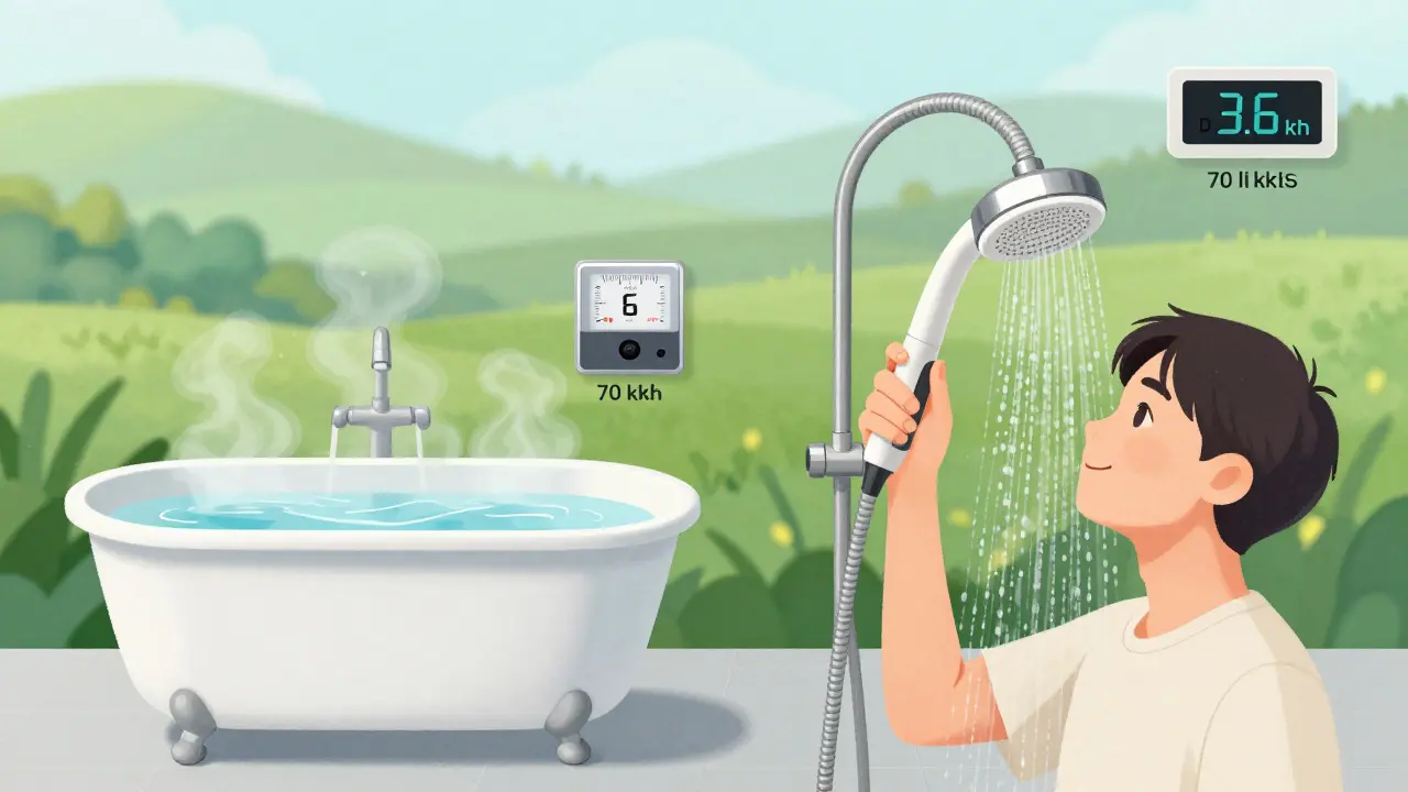 Vergleich von Vollbad und Dusche: Wassermenge und Energieverbrauch in einem nachhaltigen Kontext.