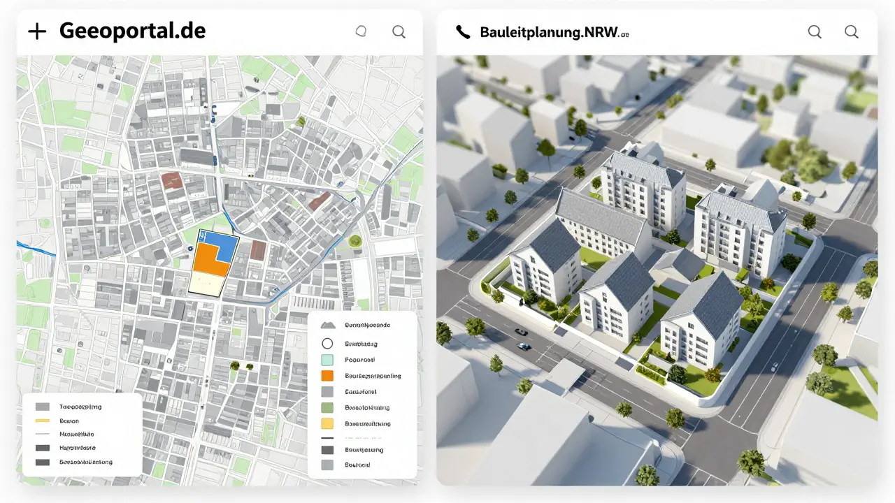 Vergleich zweier digitaler Stadtplanungsportale mit detaillierten Baugrenzen und 3D-Modellierung.