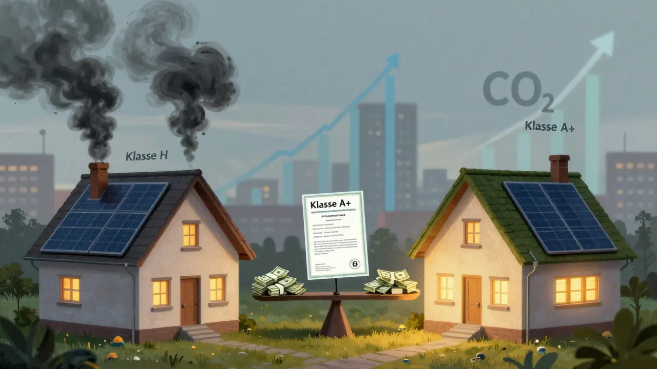 Vergleich zweier Häuser: eines mit hohen Energiekosten, eines mit hoher Effizienz und Solaranlage.