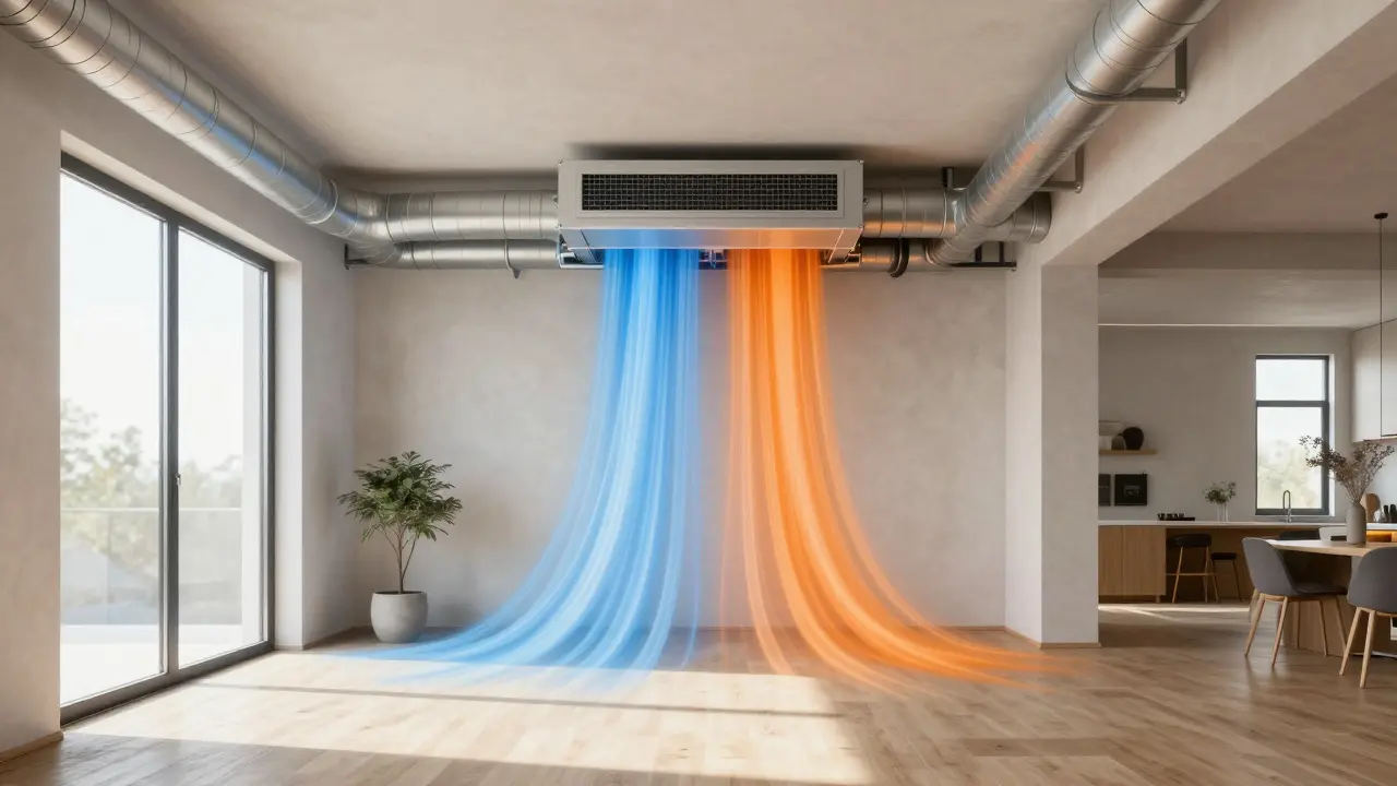 Zentrale Lüftungsanlage mit Luftkanälen in einem renovierten Haus, warme und kalte Luftströme visualisiert, ohne geöffnete Fenster.