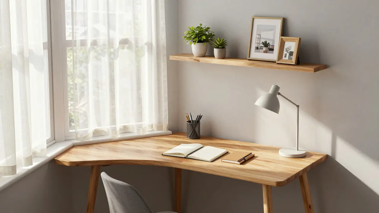 Arbeitsplatz im Erker mit dreieckigem Schreibtisch, natürlichem Licht und Pflanzen, ideal für Homeoffice.