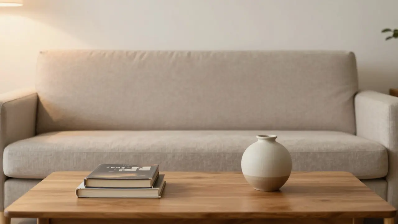 Beige Sofa und Holztisch mit Büchern in einem aufgeräumten Wohnzimmer, sanftes LED-Licht.