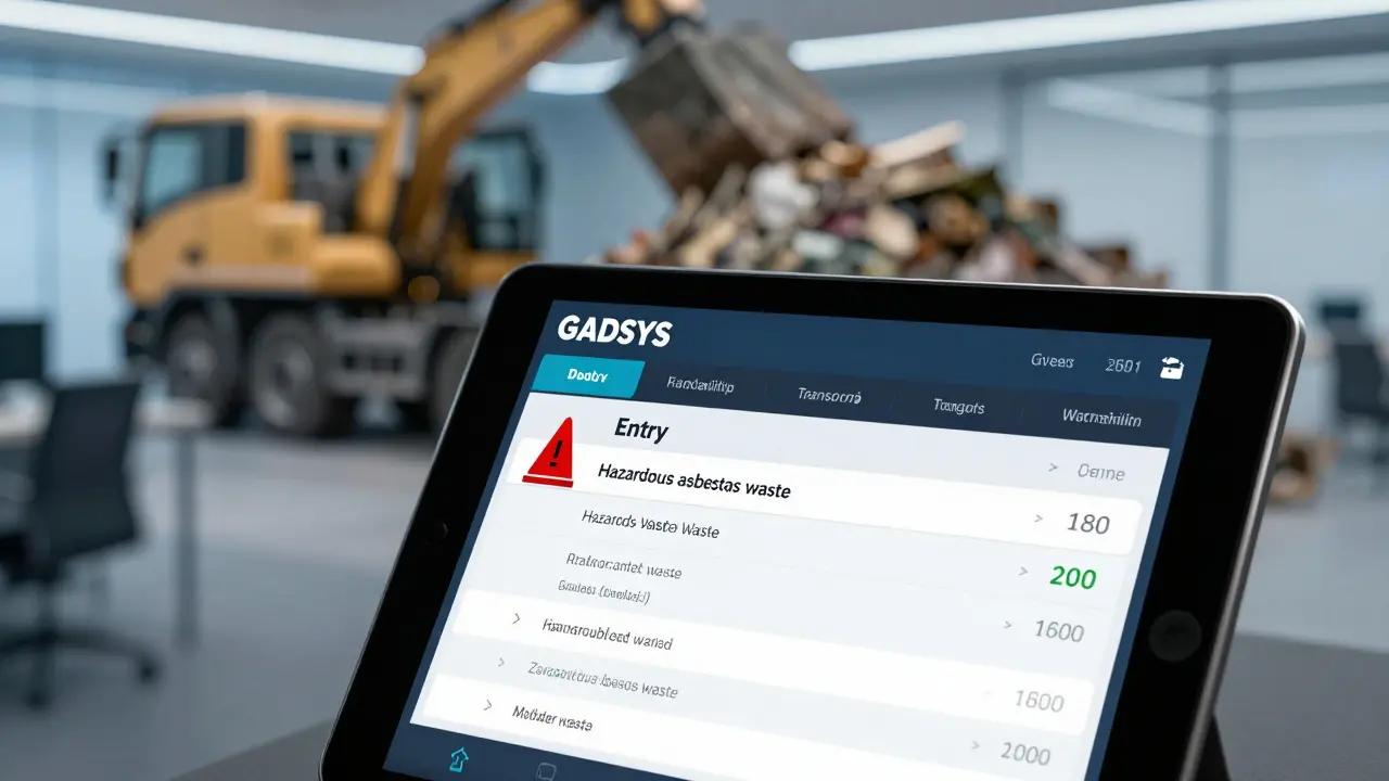 Digitaler GADSYS-Bildschirm zeigt einen Warnhinweis für asbesthaltige Abfälle.