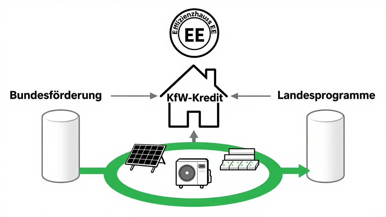 Drei Förderpfeiler verbinden sich zu einem Effizienzhaus mit Solaranlage und Wärmepumpe.