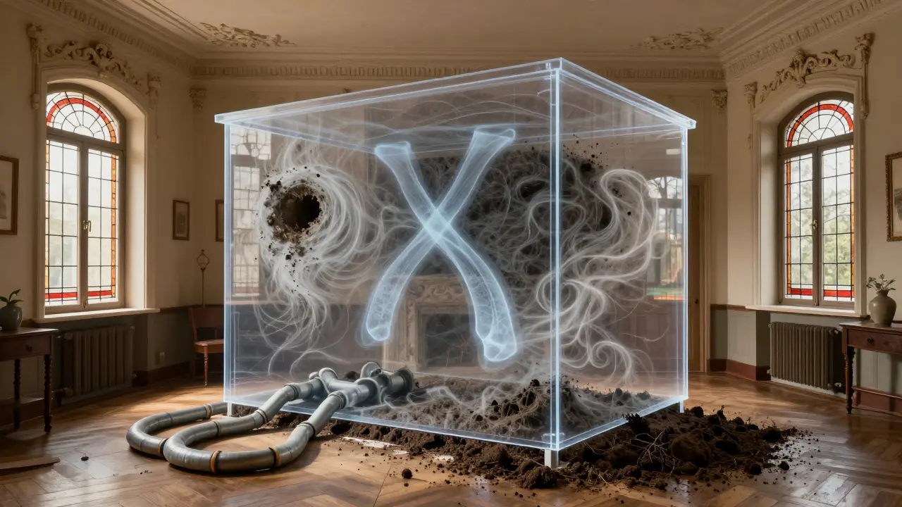 Durchsichtiger Altbaubau mit verborgenen Gefahren wie Asbest, Bleirohren und Bodenverunreinigungen unter klassischer Fassade.