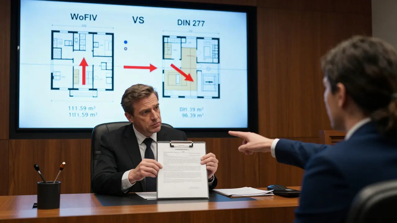 Ein Anwalt präsentiert vor Gericht einen Wohnflächen-Vergleich zwischen Vertragsangabe und tatsächlicher Messung.