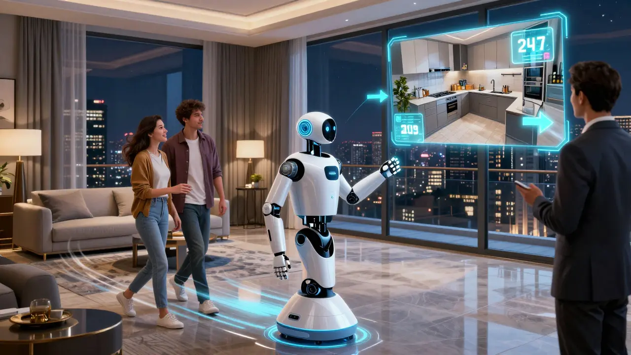 Ein Roboter führt ein Paar durch eine Wohnung, während der Makler die Besichtigung per Live-Video beobachtet.