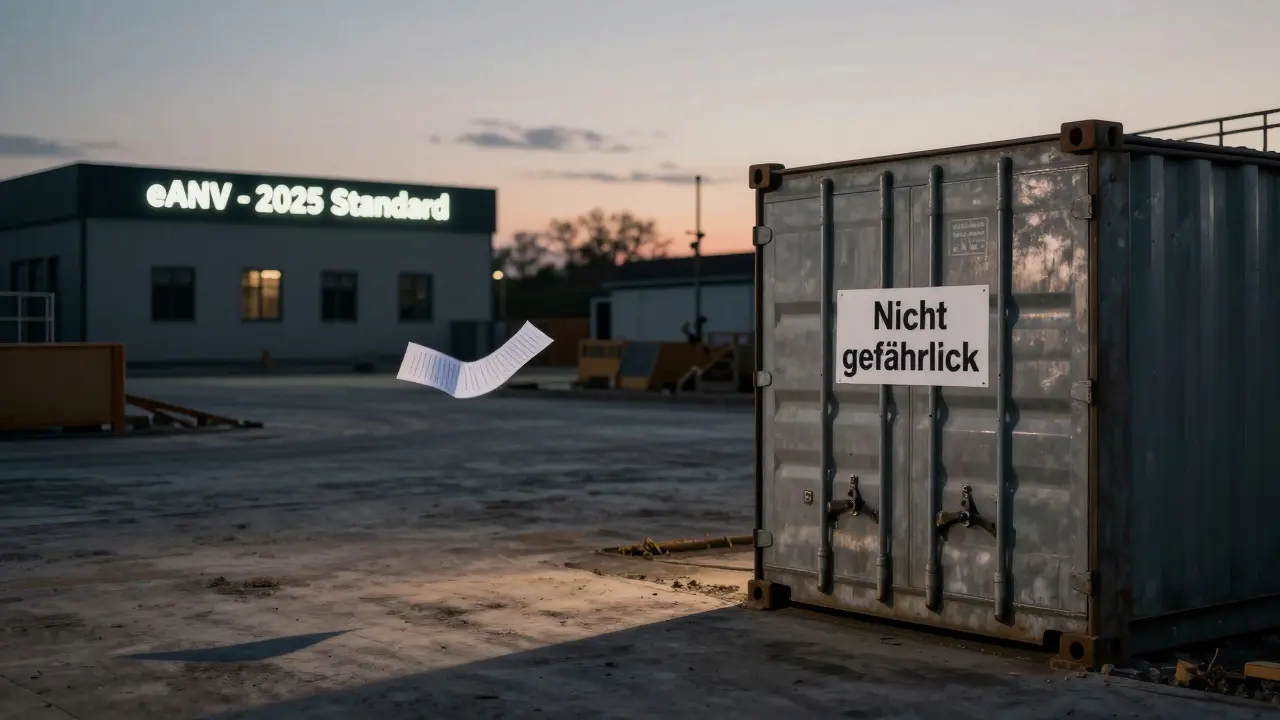 Ein verwehter Papierabfallnachweis neben einem Container, während digitale Vorgaben in der Ferne sichtbar sind.