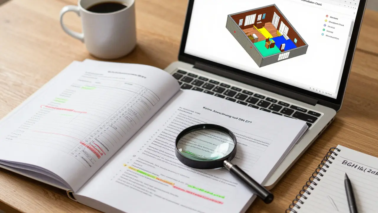 Ein Wohnflächen-Berechnungsblatt mit WoFIV-Notizen und ein 3D-Scan einer Loft-Wohnung auf einem Laptop.