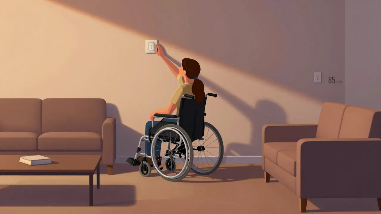 Eine Person im Rollstuhl erreicht Schalter und Steckdosen in optimaler Höhe, umgeben von geräumiger Möbelanordnung.