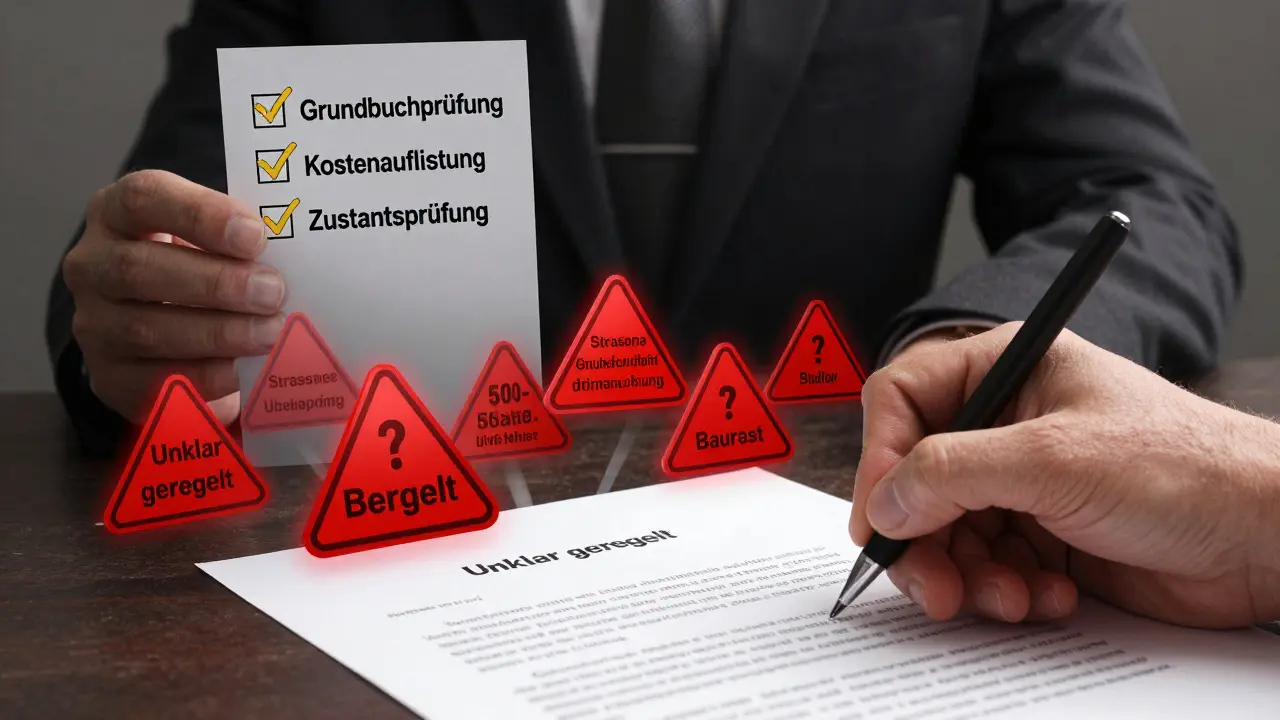 Eine unterschriebene Immobilienurkunde strahlt Warnhinweise aus, während ein Anwalt eine Prüfliste mit drei Schutzmaßnahmen hält.