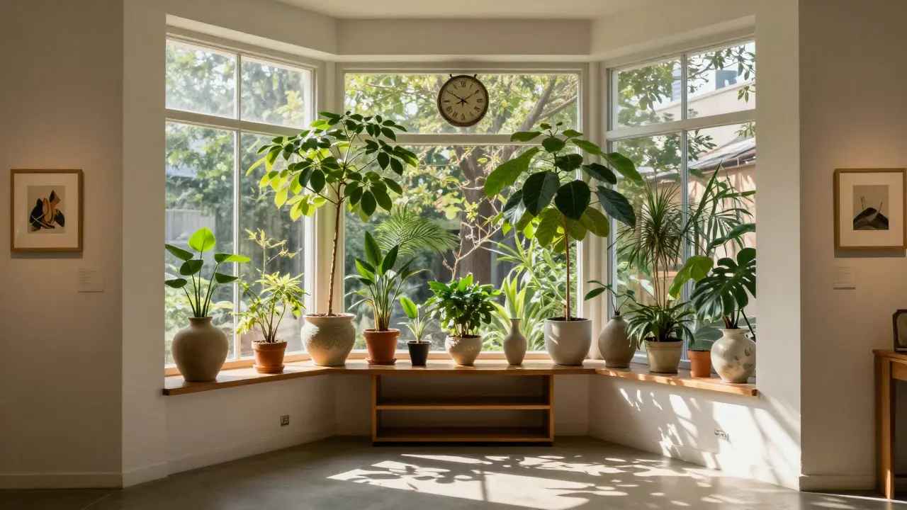 Erker als Kunstgalerie mit Zimmerpflanzen, Keramik und Bildern, beleuchtet von Abendsonne.