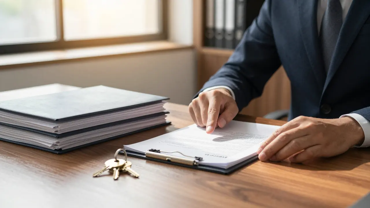 Expertenberatung im Büro mit Dokumenten und Haustürschlüsseln auf dem Tisch.