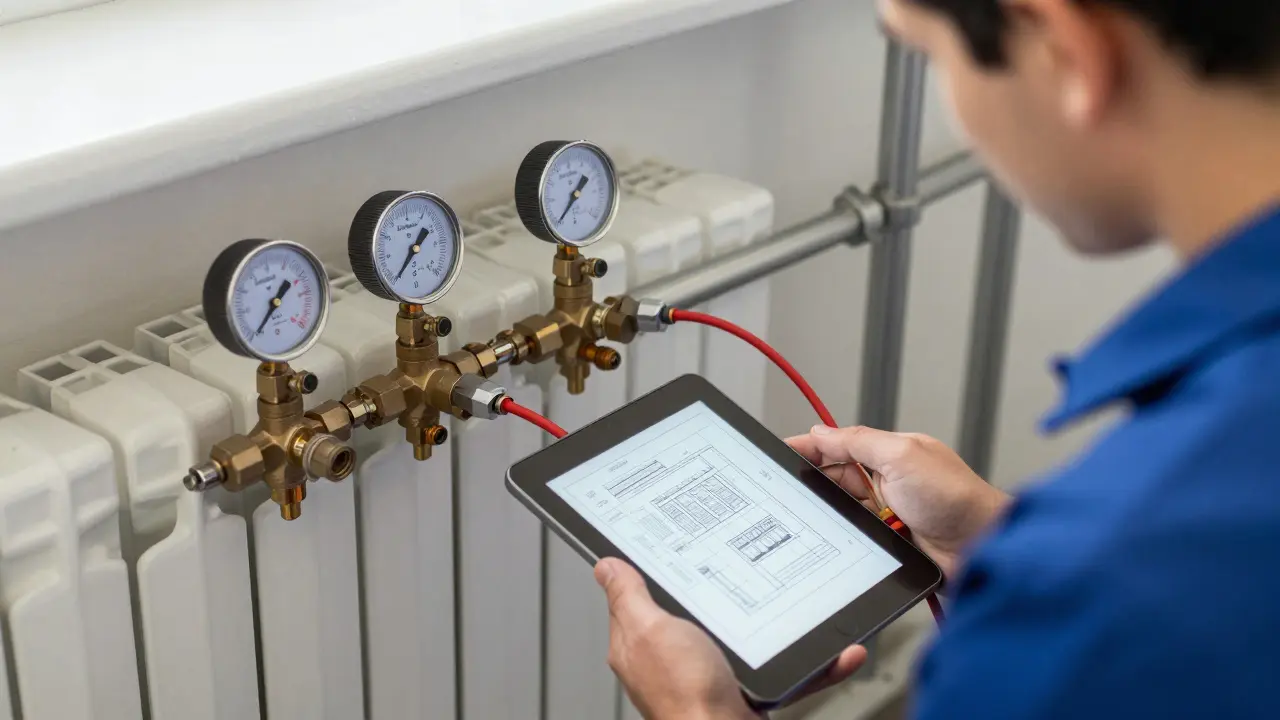 Fachmann führt hydraulischen Abgleich an Heizungsventilen durch, mit Messgeräten und digitaler Auswertung.