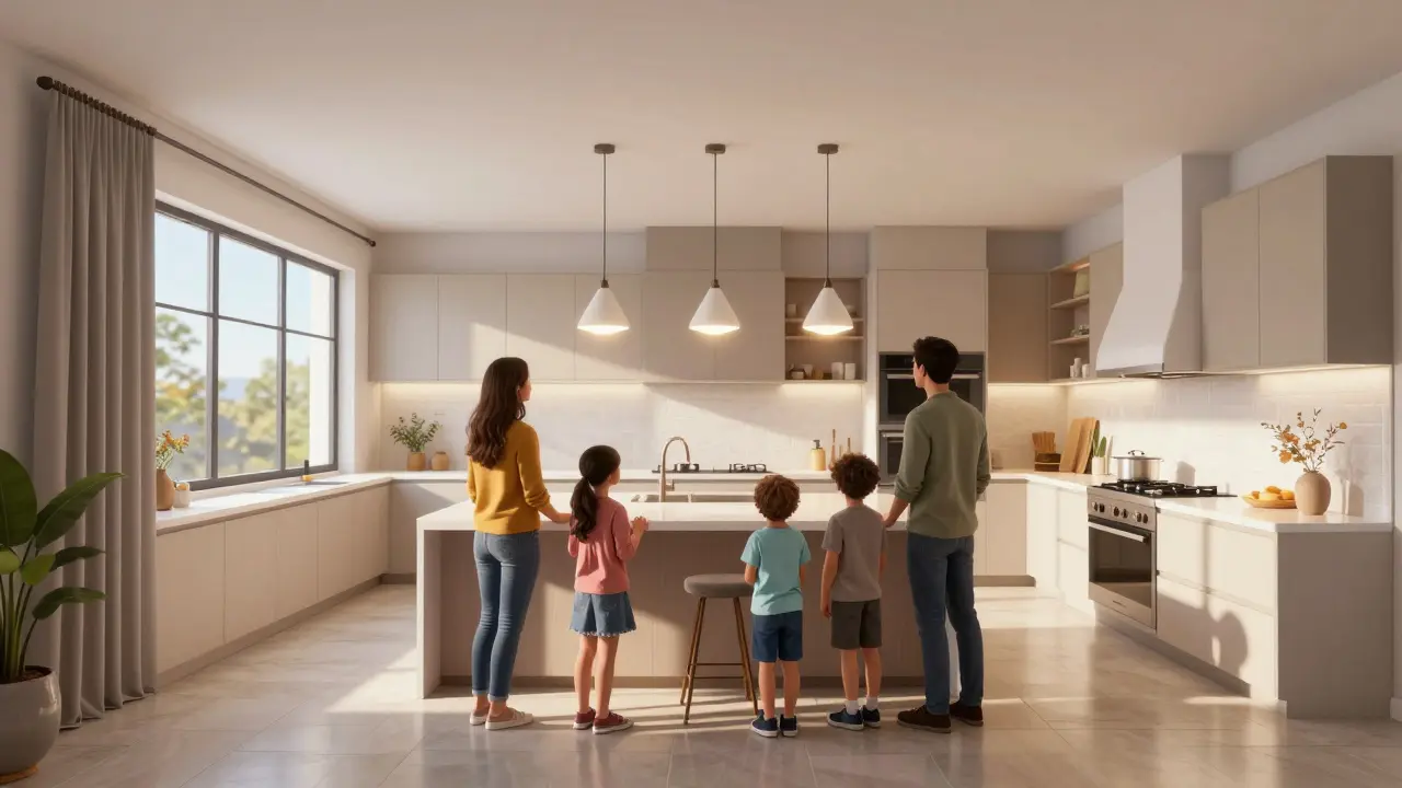 Familie erlebt ihre zukünftige Küche in einer immersiven 360-Grad-Virtual-Reality-Ansicht.