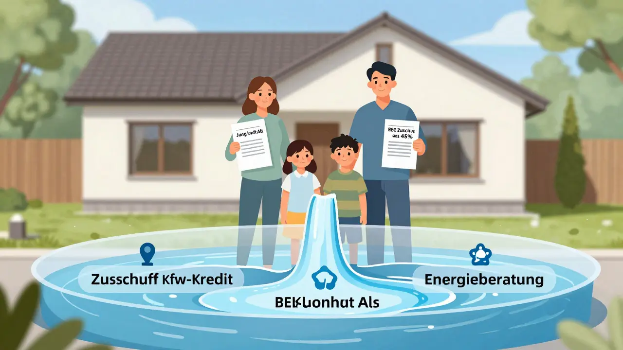 Familie vor renoviertem Haus, Dokumente mit Förderzusagen in der Hand, Energieeffizienz-Label sichtbar.