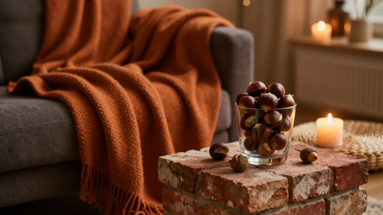 Gemütlicher Wohnzimmereck im Herbst mit Wolldecken, Kerzen und herbstlichen Naturdekorationen.