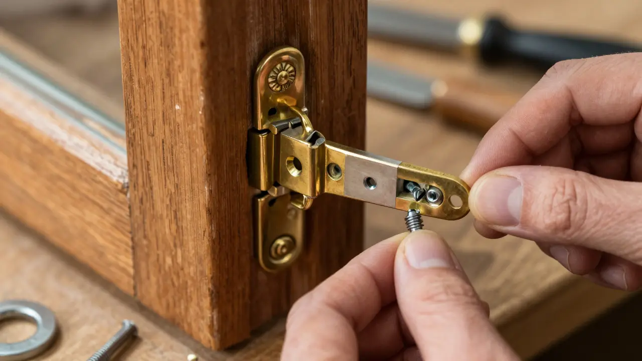 Handwerker installiert moderne Fensterbeschläge am antiken Holzfenster