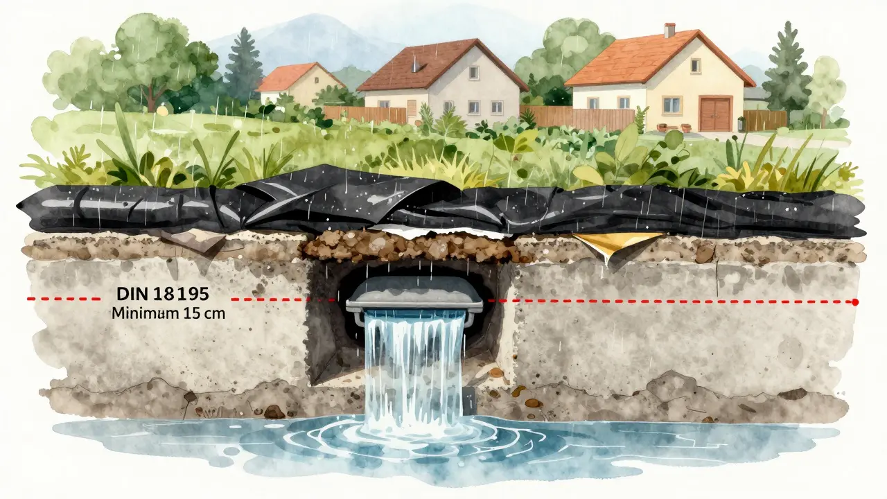 Kellerluke mit unzureichender Abdichtung, die unterhalb der vorgeschriebenen 15 cm Höhe liegt.