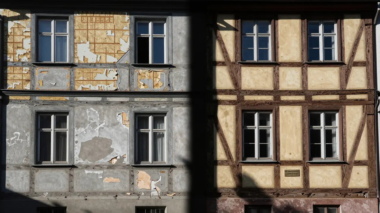 Kontrast zwischen zerstörerischer Renovierung und authentischer Denkmalpflege an einem historischen Gebäude.
