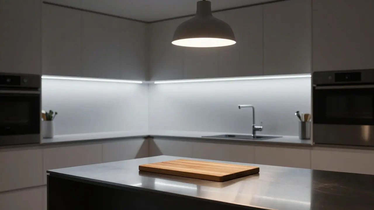 Küche mit gezielter Unterbauleuchte über Arbeitsfläche und gedimmter Deckenlampe in warmen Tönen.